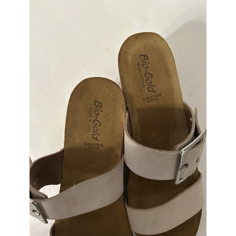 Bio-Gold Italian Leather Double Strap Buckle Cork Wedge Sandal beige Womens 9 - Picture 2 of 7